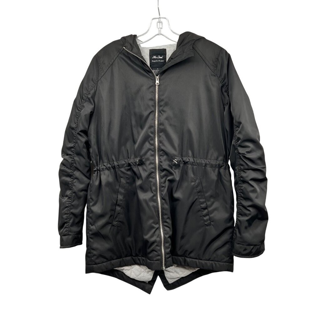 Me Jane Womens Windbreaker Coat Lined Hooded Cinched Waist Black Size Medium